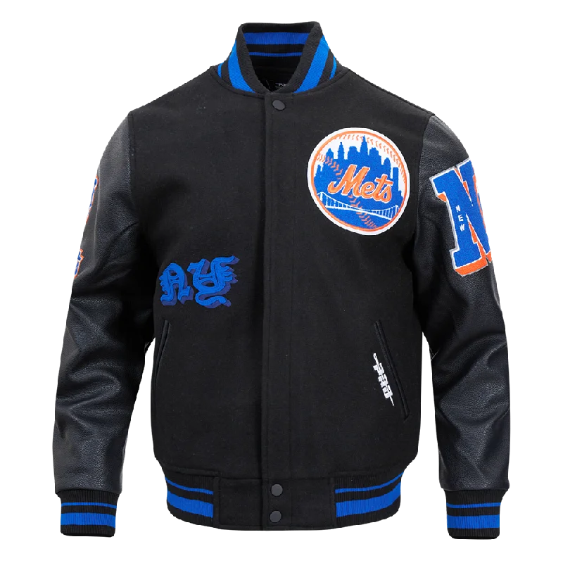 men's lightweight outdoor jackets -MLB NEW YORK METS OLD ENGLISH MEN'S RIB WOOL VARSITY JACKET (BLACK/ROYAL BLUE/BLACK)