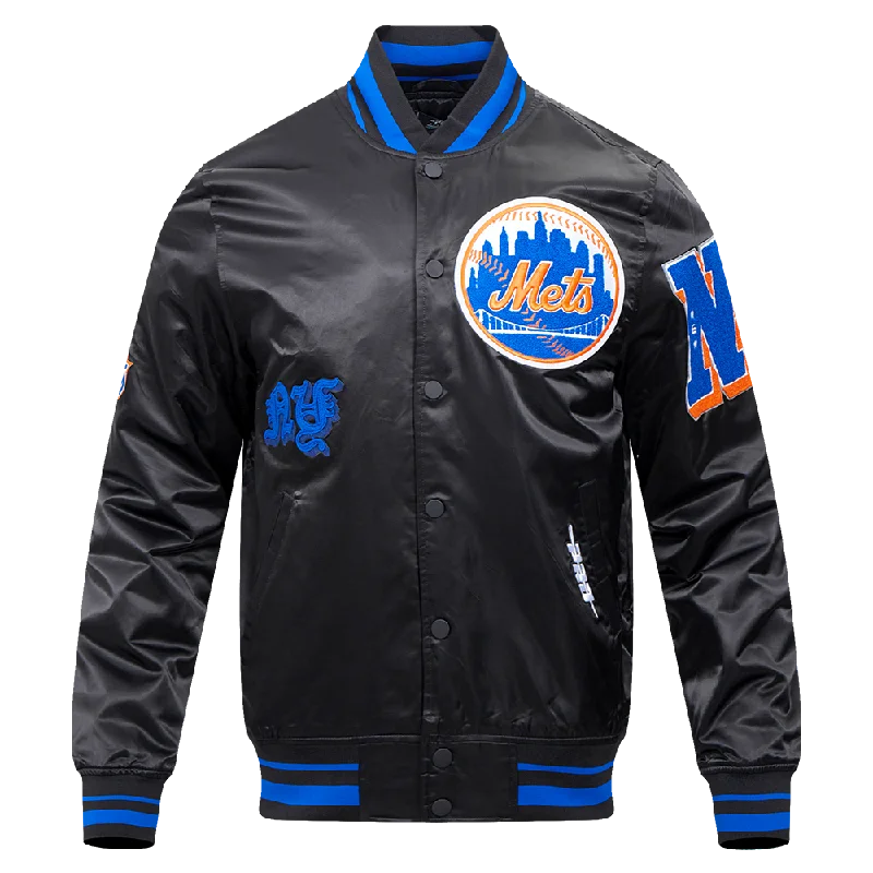 men's zip-up fleece jackets -MLB NEW YORK METS OLD ENGLISH MEN'S RIB SATIN JACKET (BLACK/ROYAL BLUE/BLACK)