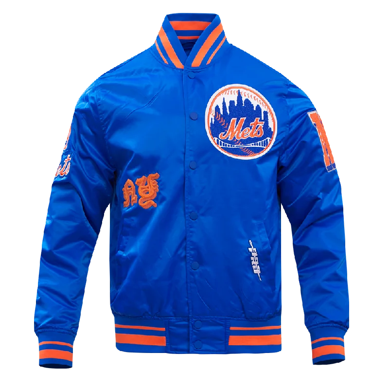 men's stylish parkas -MLB NEW YORK METS OLD ENGLISH MEN'S RIB SATIN JACKET (ROYAL/ORANGE/ROYAL)