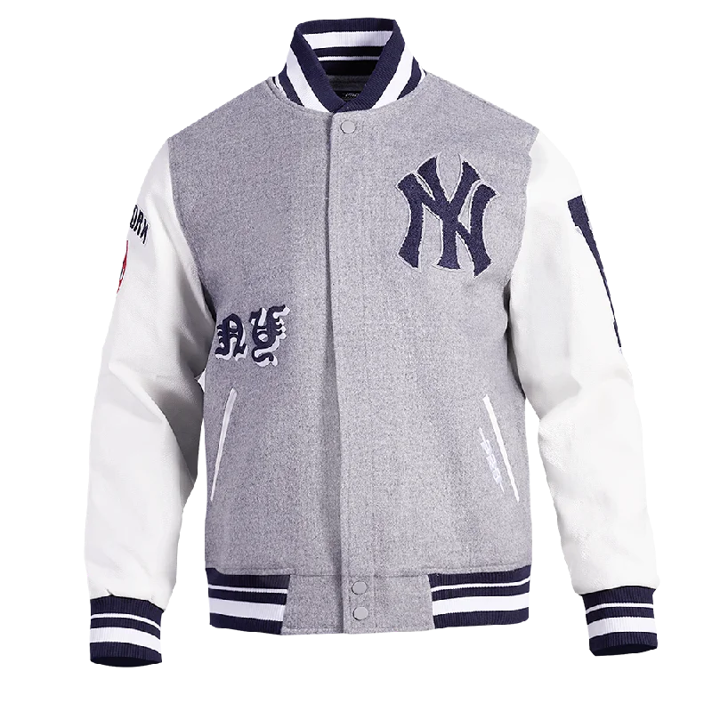 men's jacket with hoodie -MLB NEW YORK YANKEES OLD ENGLISH MEN'S RIB WOOL VARSITY JACKET (HEATHER GREY/WHITE/MIDNIGHT NAVY)