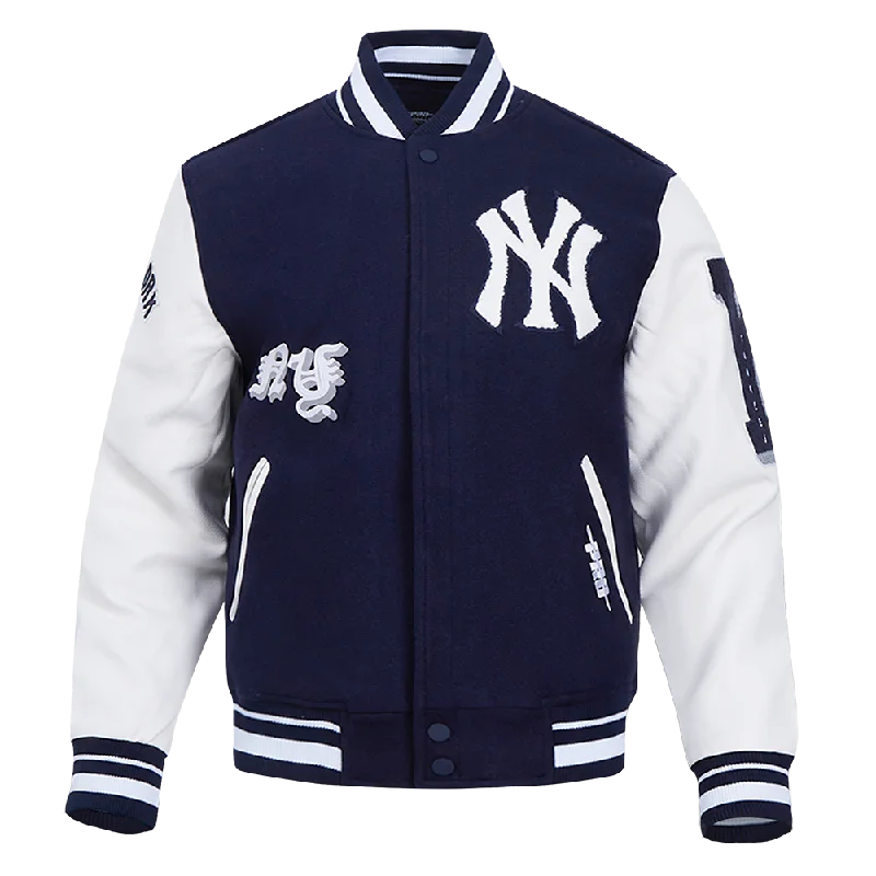 men's rain jackets -MLB NEW YORK YANKEES OLD ENGLISH MEN'S RIB WOOL VARSITY JACKET (MIDNIGHT NAVY/WHITE)