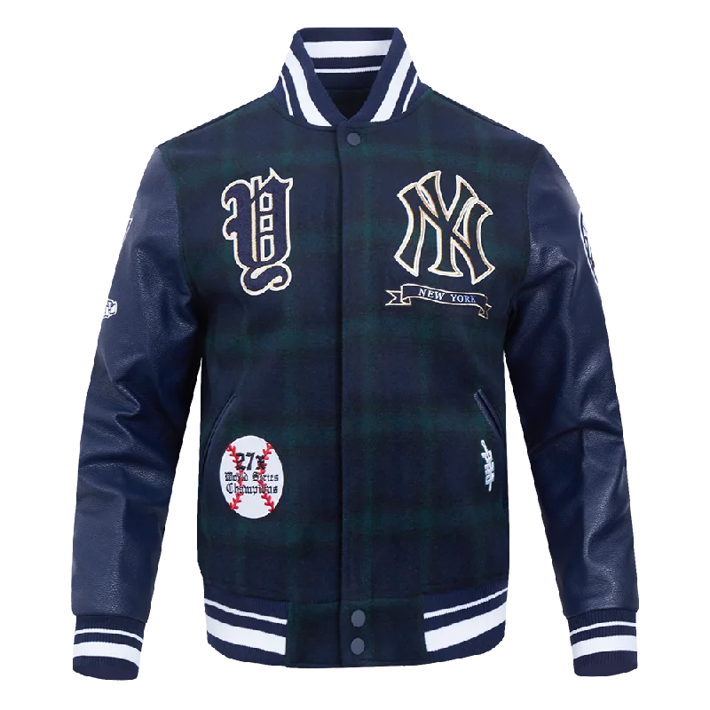 men's stylish leather bomber jackets -MLB NEW YORK YANKEES PRO PREP PLAID WOOL VARSITY JACKET (FOREST GREEN/MIDNIGHT NAVY)