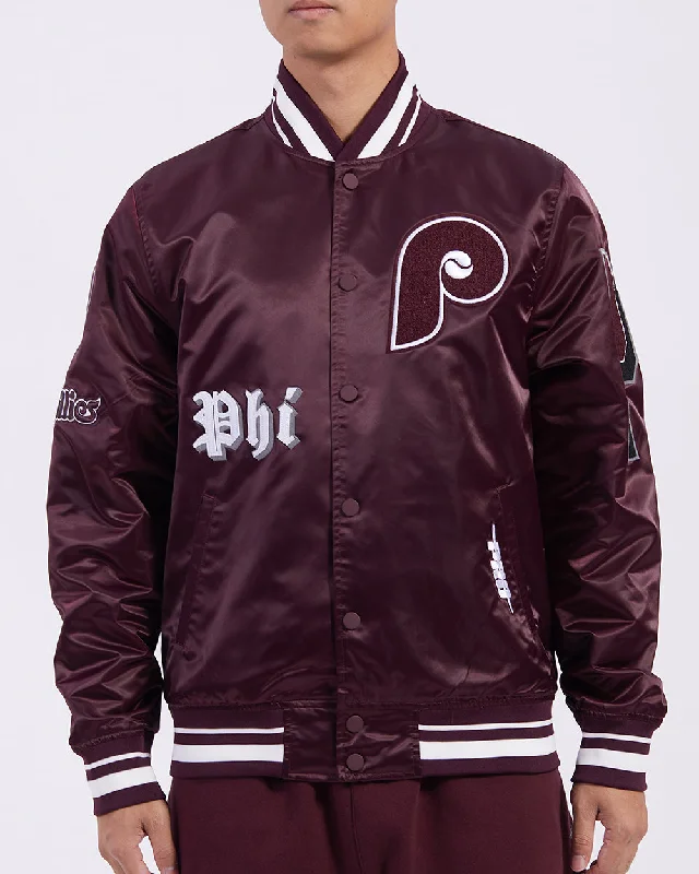 men's quilted jackets -MLB PHILADELPHIA PHILLIES RETRO OLD ENGLISH MEN'S RIB SATIN JACKET (WINE)