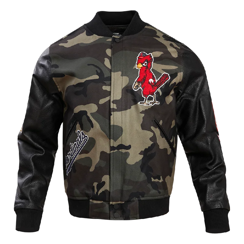 men's winter jackets -MLB ST. LOUIS CARDINALS CAMO LOGO VARSITY JACKET (BLACK/CAMO)