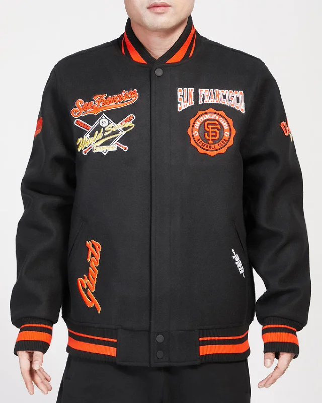 men's fashionable outer jackets -MLB SAN FRANCISCO GIANTS CREST EMBLEM RIB WOOL VARSITY JACKET (BLACK/ORANGE)