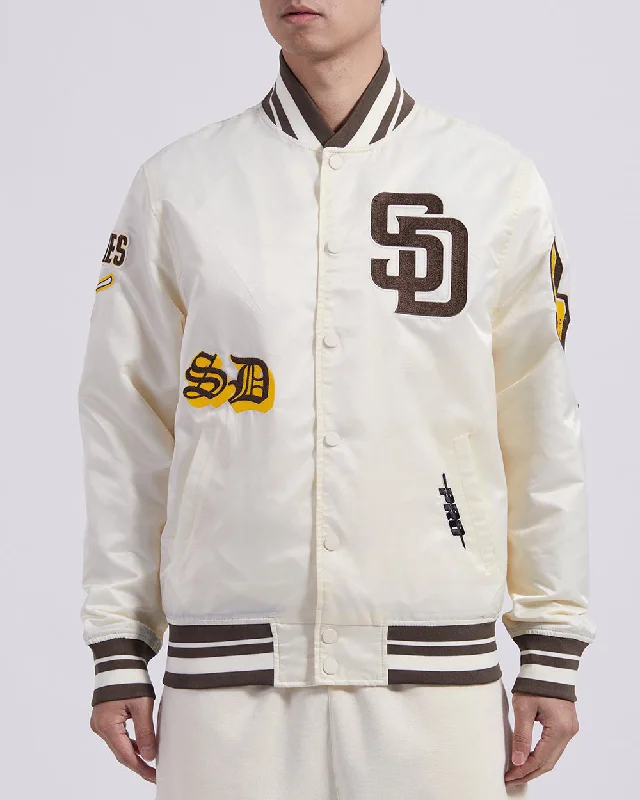 men's winter jackets with hood -MLB SAN DIEGO PADRES OLD ENGLISH MEN'S RIB SATIN JACKET (EGGSHELL/ BROWN)