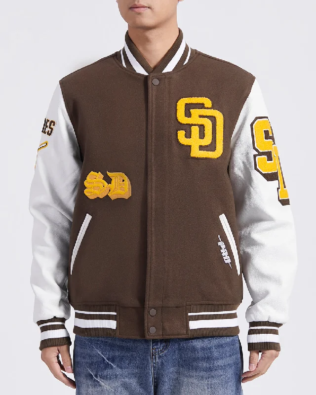 men's packable jackets -MLB SAN DIEGO PADRES OLD ENGLISH MEN'S RIB WOOL VARSITY JACKET (BROWN/WHITE)