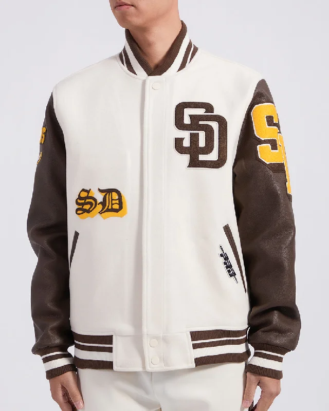 men's versatile jackets for fall -MLB SAN DIEGO PADRES OLD ENGLISH MEN'S RIB WOOL VARSITY JACKET (EGGSHELL/ BROWN)