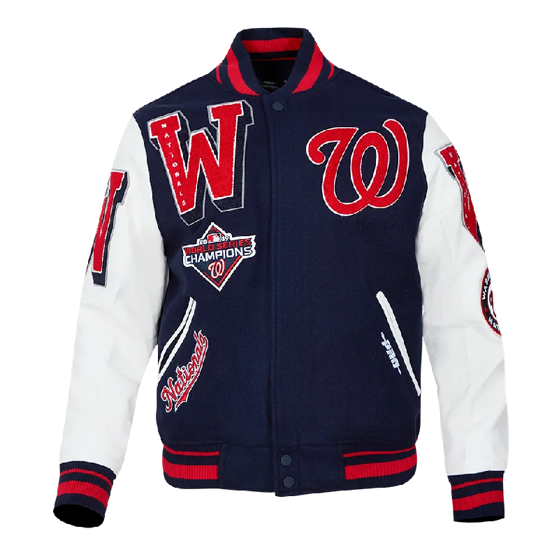 men's insulated jackets for snow -MLB WASHINGTON NATIONALS MASH UP LOGO VARSITY JACKET (MIDNIGHT NAVY/WHITE)