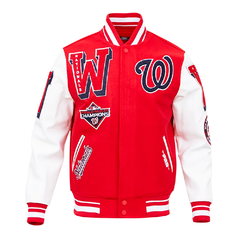 men's winter jackets with hood -MLB WASHINGTON NATIONALS MASH UP LOGO VARSITY JACKET (RED / WHITE)