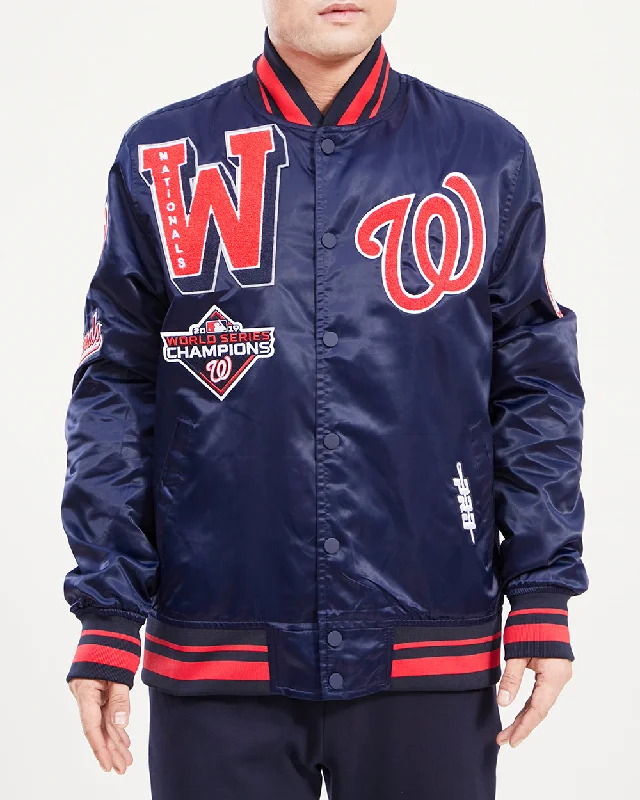 men's travel jackets -MLB WASHINGTON NATIONALS MASHUP LOGO MEN'S SATIN JACKET (MIDNIGHT NAVY)