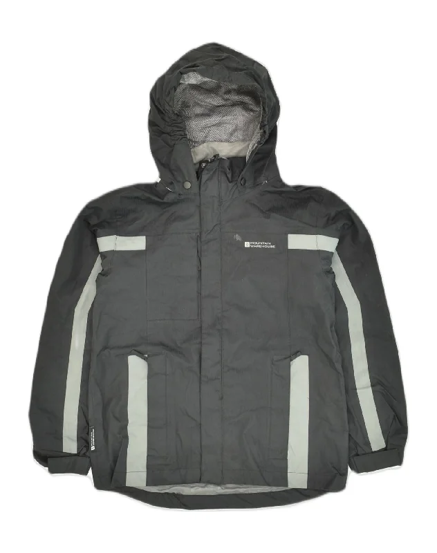 men's packable jackets -MOUNTAIN WAREHOUSE Boys Hooded Rain Jacket 11-12 Years Grey Polyester