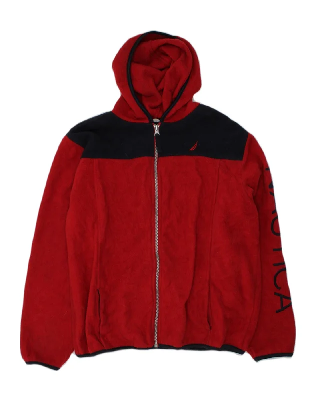 men's leather jacket with lining -NAUTICA Boys Graphic Hooded Fleece Jacket 10-11 Years Medium Red Polyester