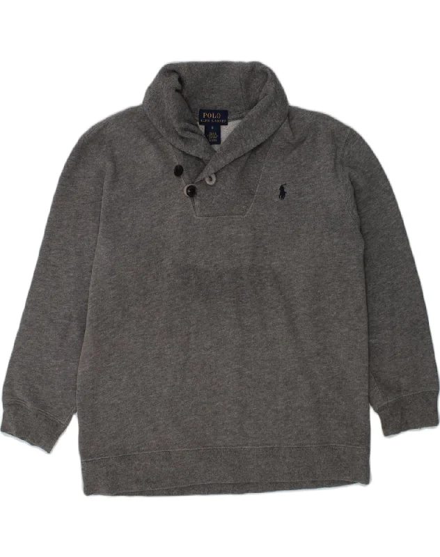 men's warm hoodie jackets -POLO RALPH LAUREN Boys Shawl Neck Sweatshirt Jumper 5-6 Years Grey Cotton