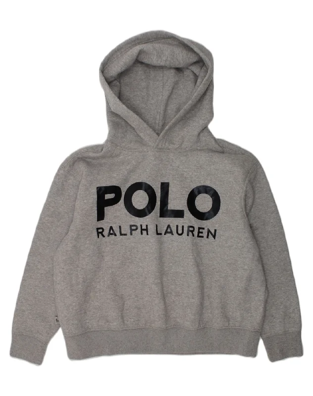 men's hoodie for hiking -POLO RALPH LAUREN Girls Graphic Hoodie Jumper 8-9 Years Medium Grey Cotton