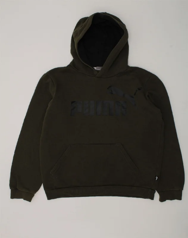 men's athletic hoodies -PUMA Boys Graphic Hoodie Jumper 13-14 Years Khaki Cotton