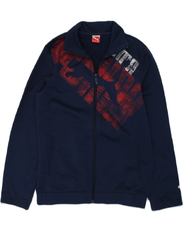 men's casual outerwear jackets -PUMA Boys Graphic Tracksuit Top Jacket 11-12 Years Navy Blue Polyester