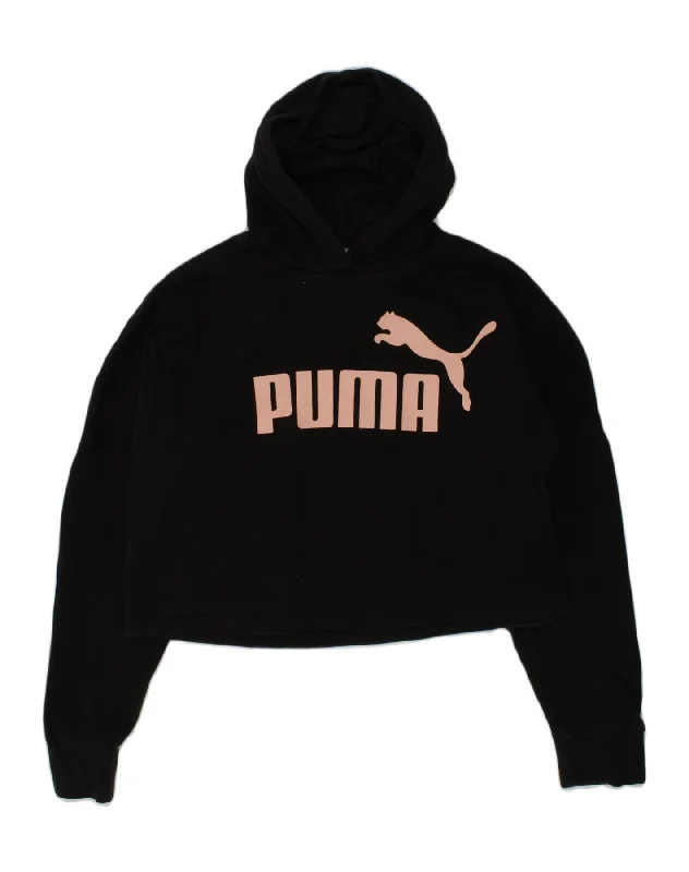 men's hoodie for snowboarding -PUMA Girls Crop Graphic Hoodie Jumper 13-14 Years Black Cotton