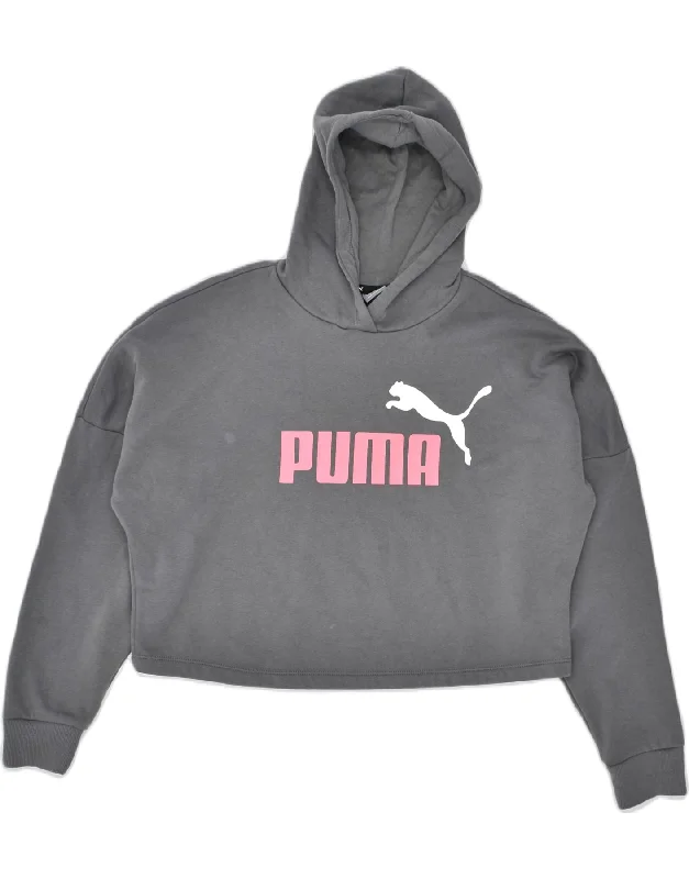 men's hoodie with stylish patterns -PUMA Girls Crop Graphic Hoodie Jumper 13-14 Years Grey Cotton