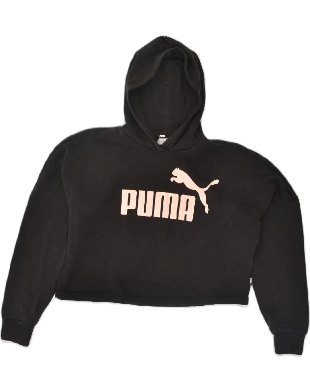 men's comfortable sweatshirts -PUMA Girls Graphic Crop Hoodie Jumper 13-14 Years Black Cotton