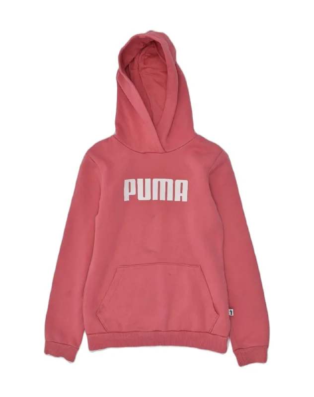 men's hoodie for gym -PUMA Girls Graphic Hoodie Jumper 11-12 Years Pink Cotton