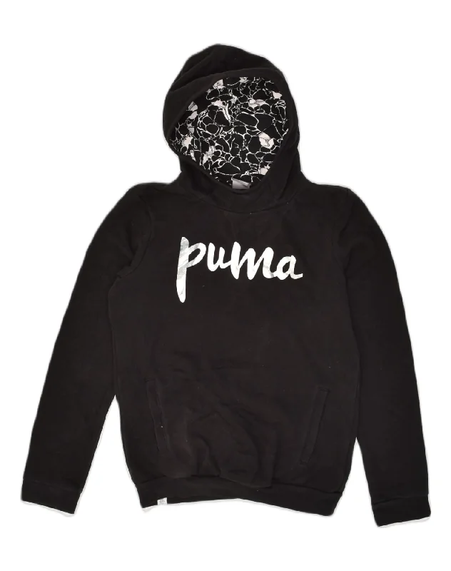 men's hoodie with zipper closure -PUMA Girls Graphic Sweatshirt Jumper 13-14 Years Black Cotton