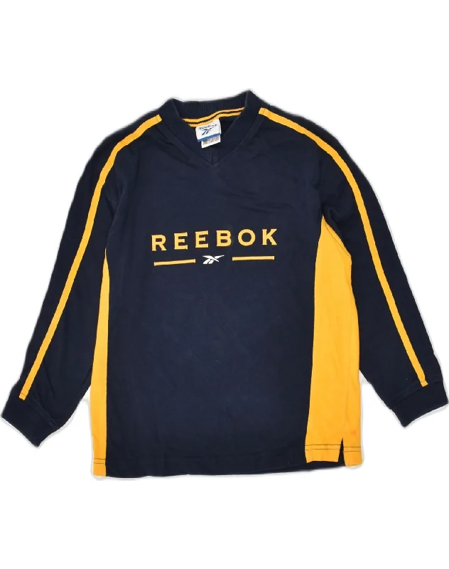 men's fleece-lined hoodies -REEBOK Boys Graphic Sweatshirt Jumper 7-8 Years Medium Navy Blue Cotton