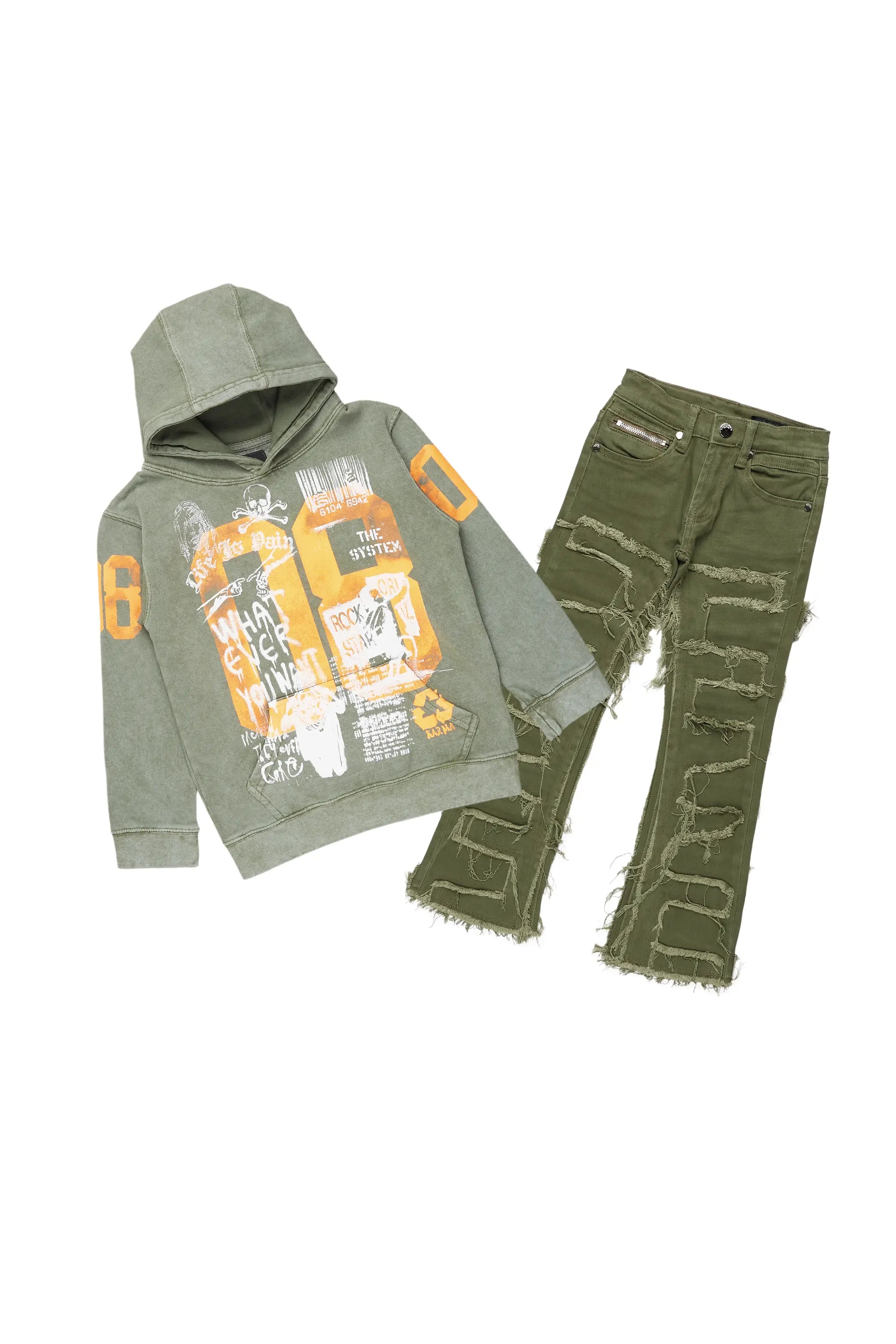 men's hoodie for chilly evenings -Boys Beau Green Hoodie/Stacked Flare Jean Set