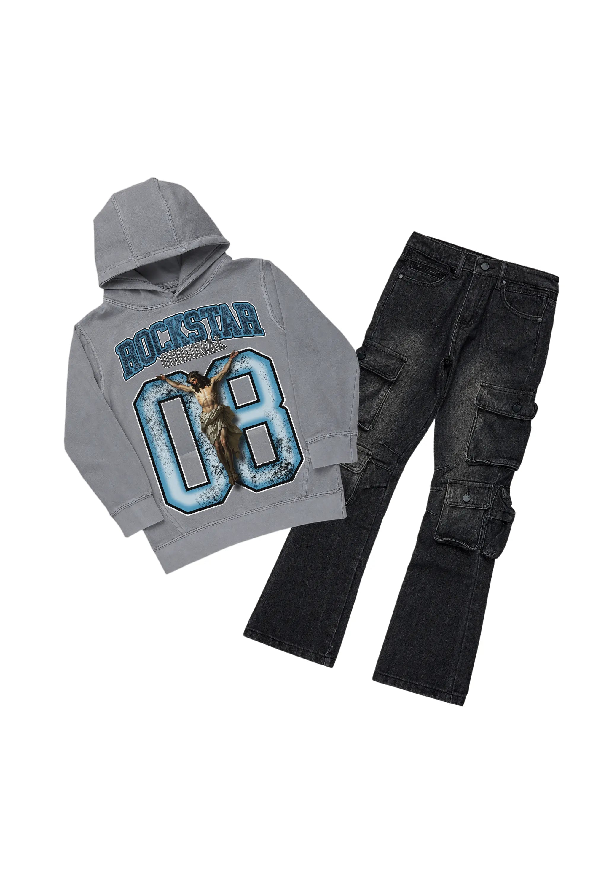 men's heavy-duty hoodies -Boys Fields Vintage Grey/Black Hoodie/Stacked Flare Jean Set