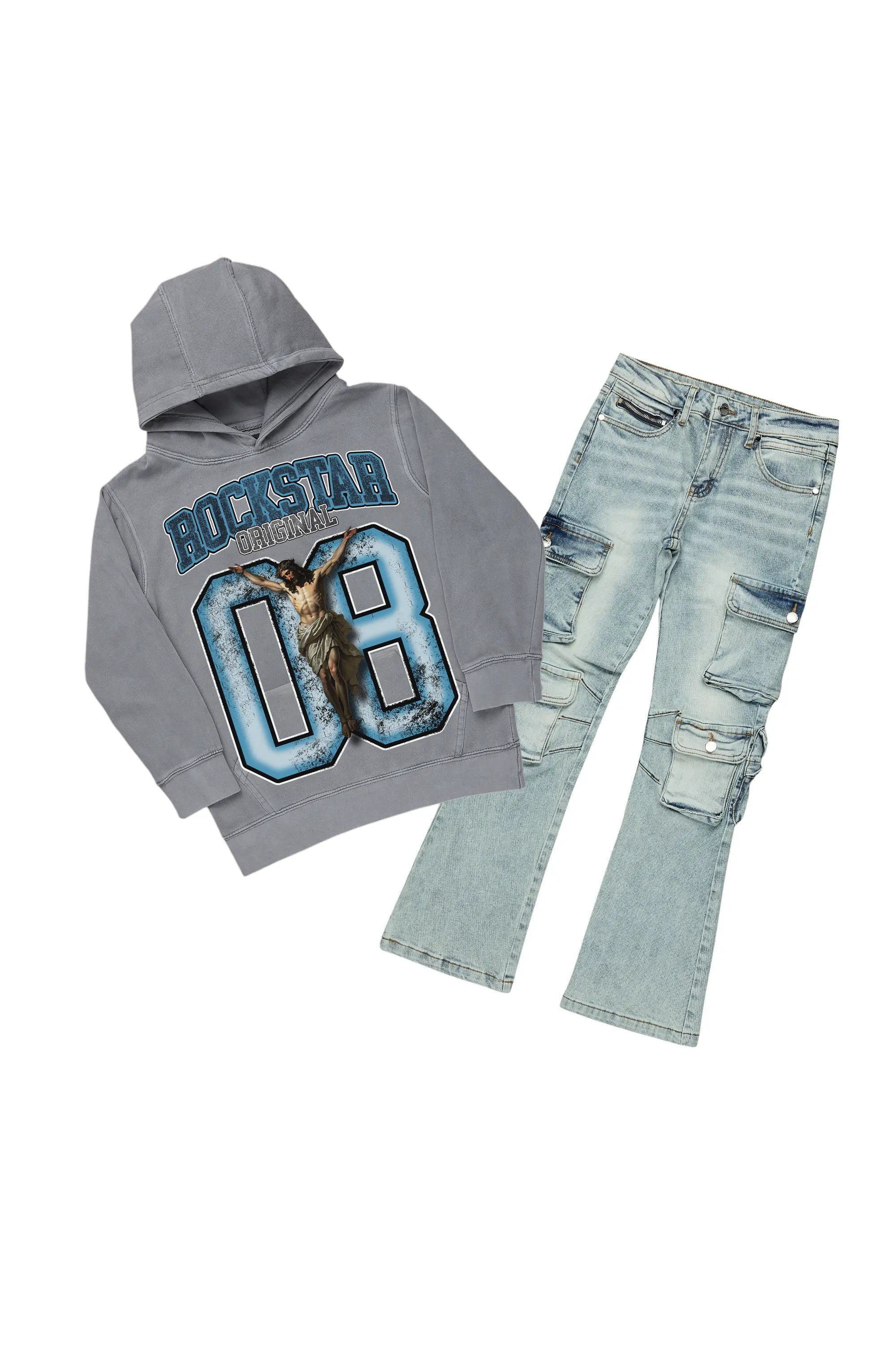 men's hoodie for fashion -Boys Fields Vintage Grey/Blue Hoodie/Stacked Flare Jean Set