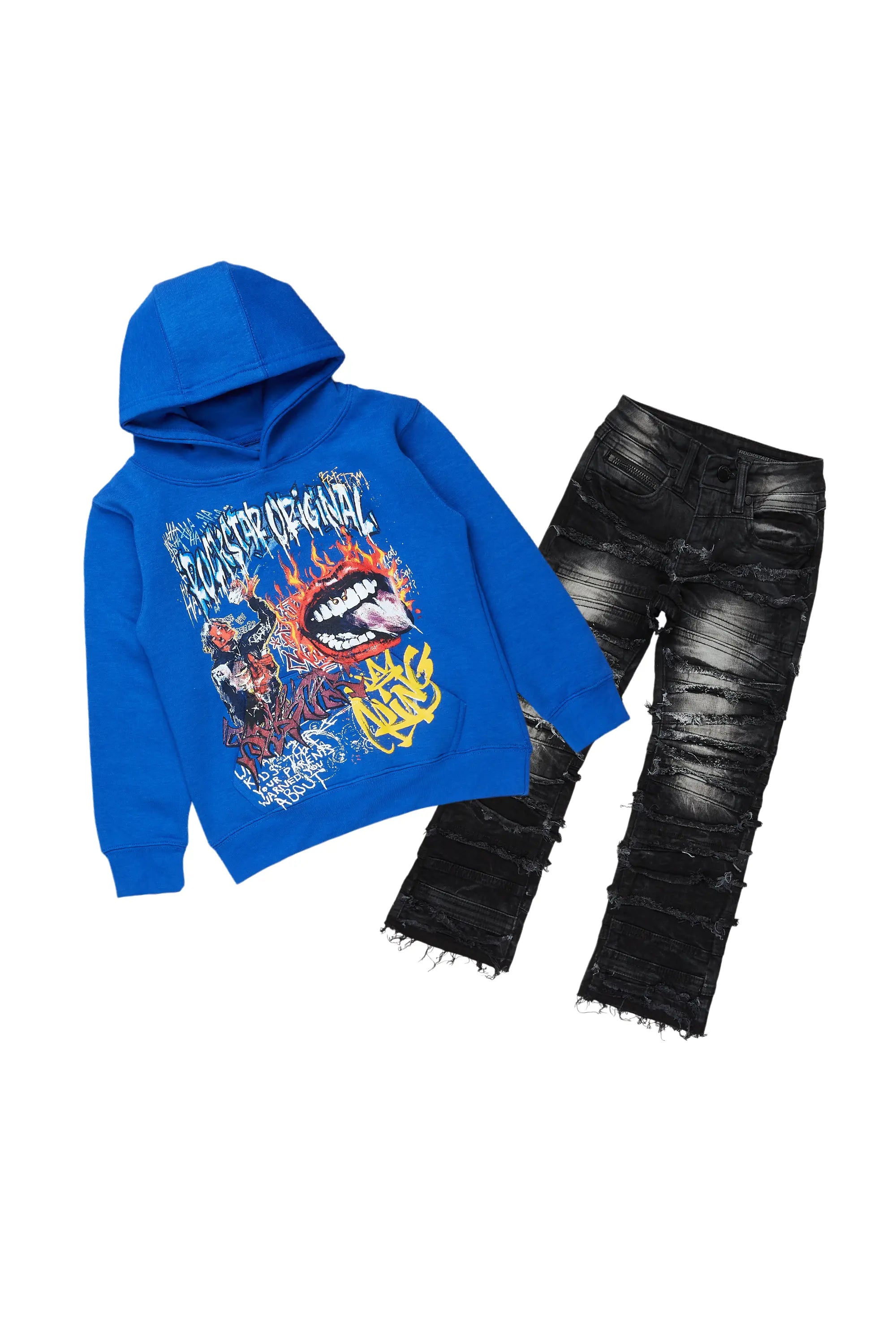 men's hoodie for exercise -Boys Yooz Royal/Black Hoodie/Stack Flare Jean Set