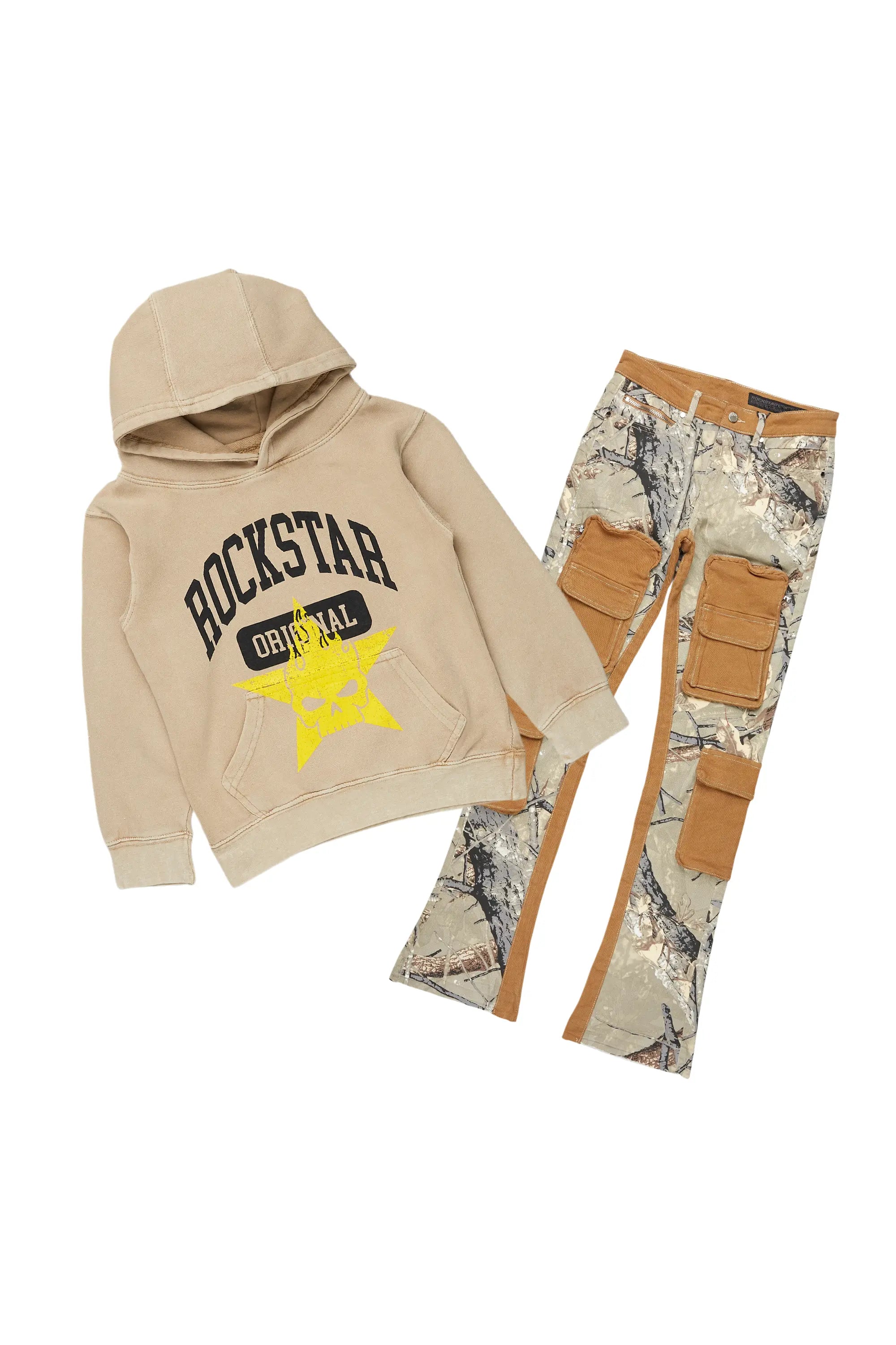 men's trendy zip-up sweatshirts -Boys Semaj Vintage Beige/Camo Hoodie/Stacked Flare Jean Set