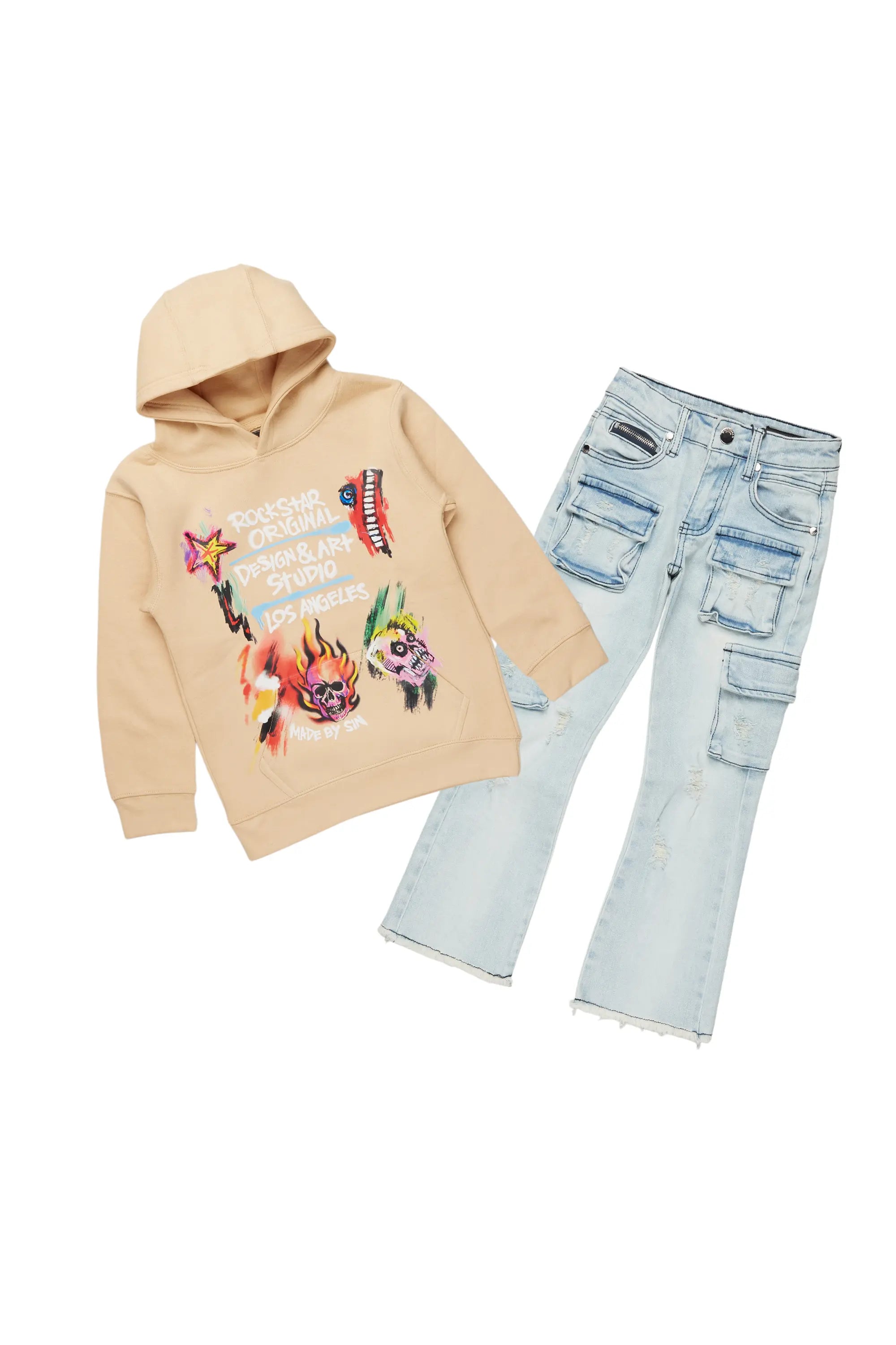 men's hoodie with bold prints -Boys Soweto Beige/Blue Hoodie/Stack Flare Jean Set