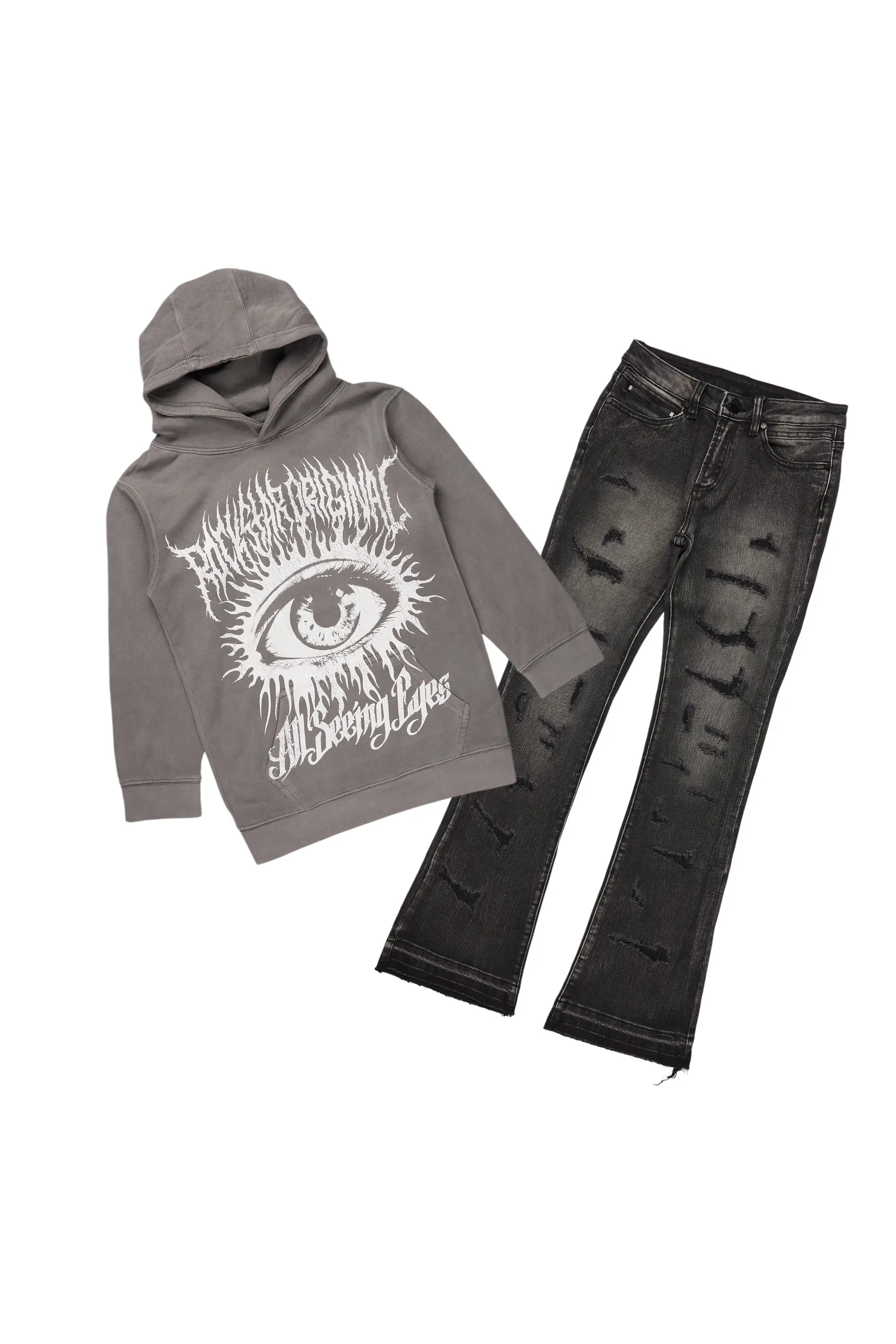 men's long sleeve hoodies -Boys All Eyes Black/Vintage Grey Hoodie/Stack Flare Jean Set