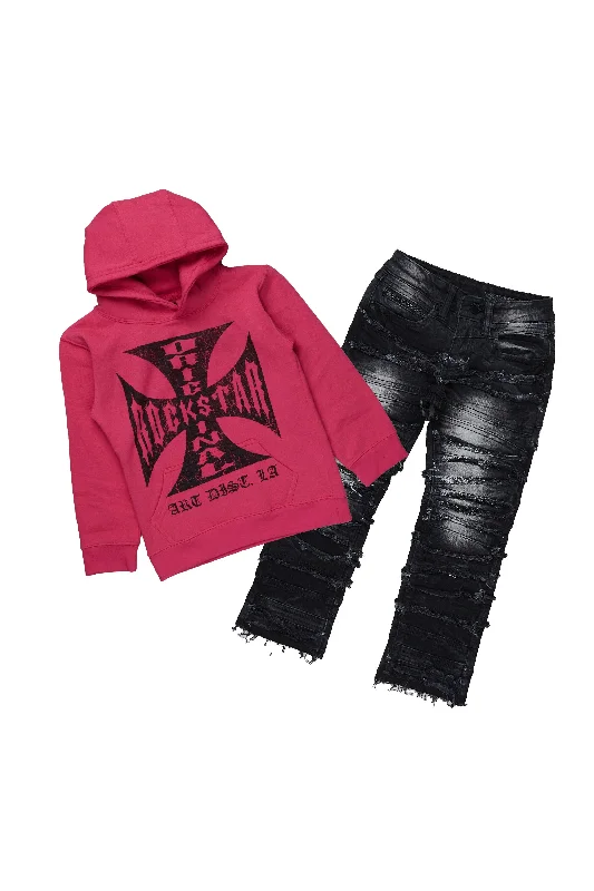 men's performance hoodies -Boys Udell Fuchsia/Black Hoodie/Stack Flare Jean Set