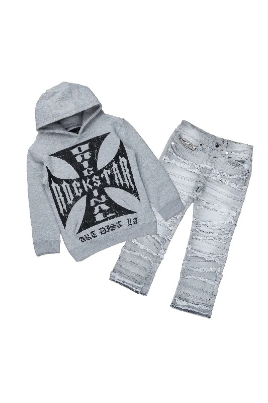 men's soft cotton hoodies -Boys Udell Grey Hoodie/Stack Flare Jean Set