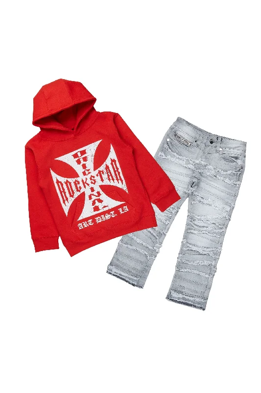 men's high-quality hoodies -Boys Udell Red/Grey Hoodie/Stack Flare Jean Set