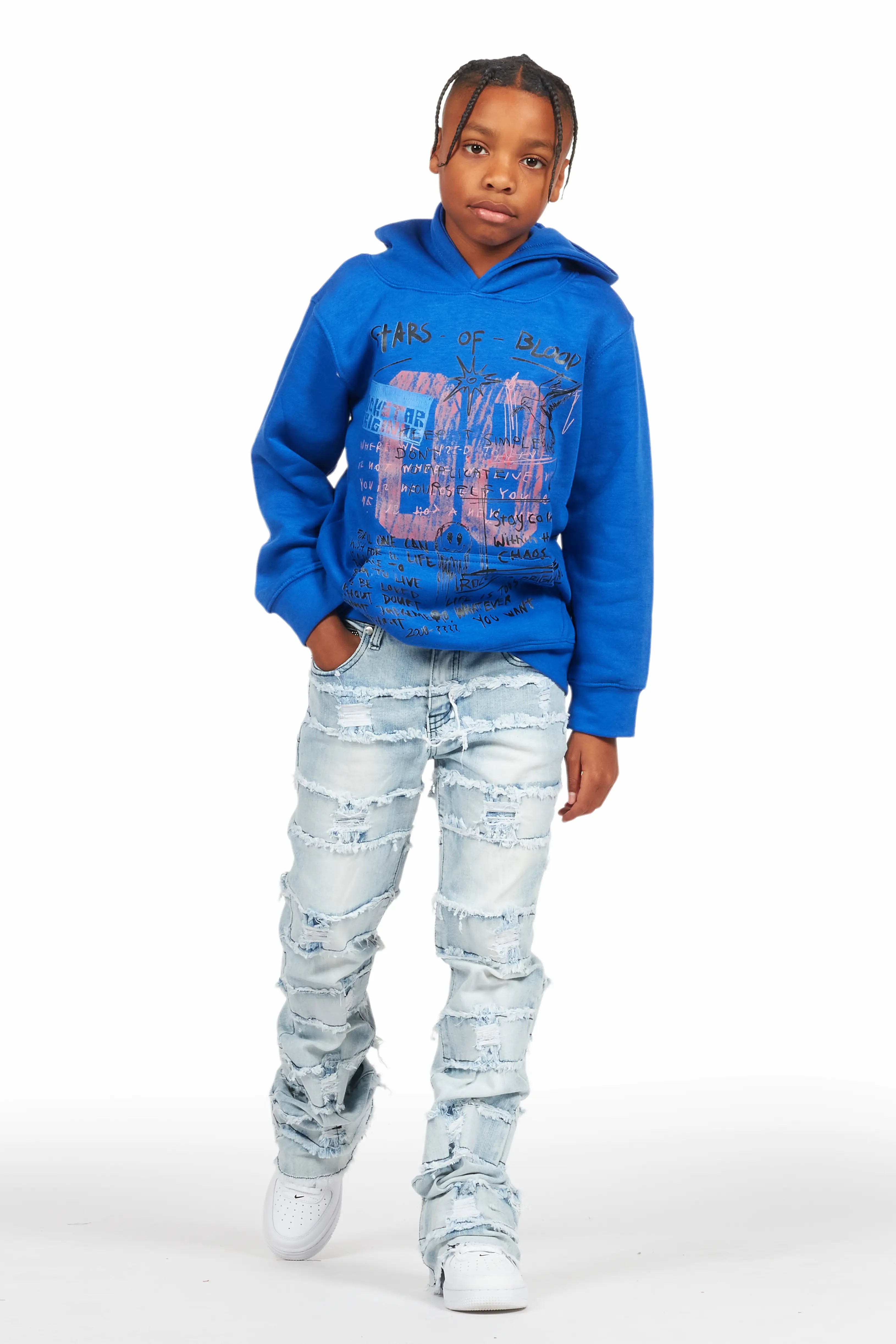 men's cotton hoodies -Boys Gabin Royal/Light Blue Hoodie/Stacked Flare Jean Set