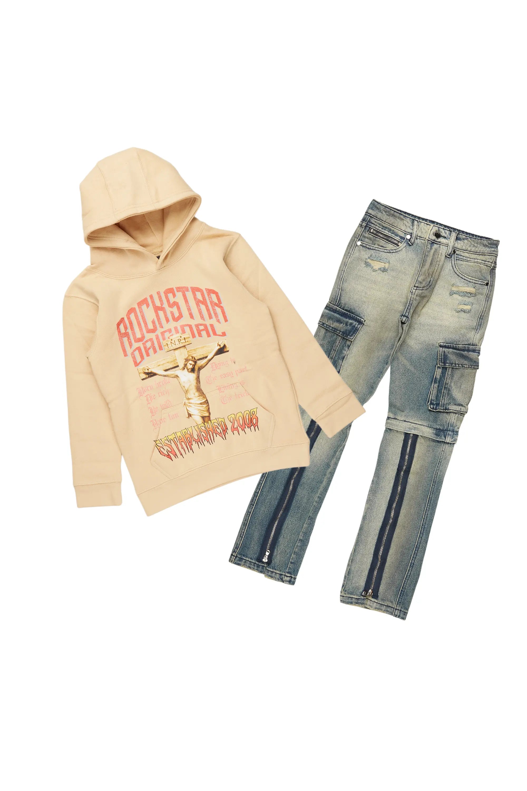 men's pullover hoodie with pockets -Boys Hayes Beige Hoodie/Stacked Flare Jean Set