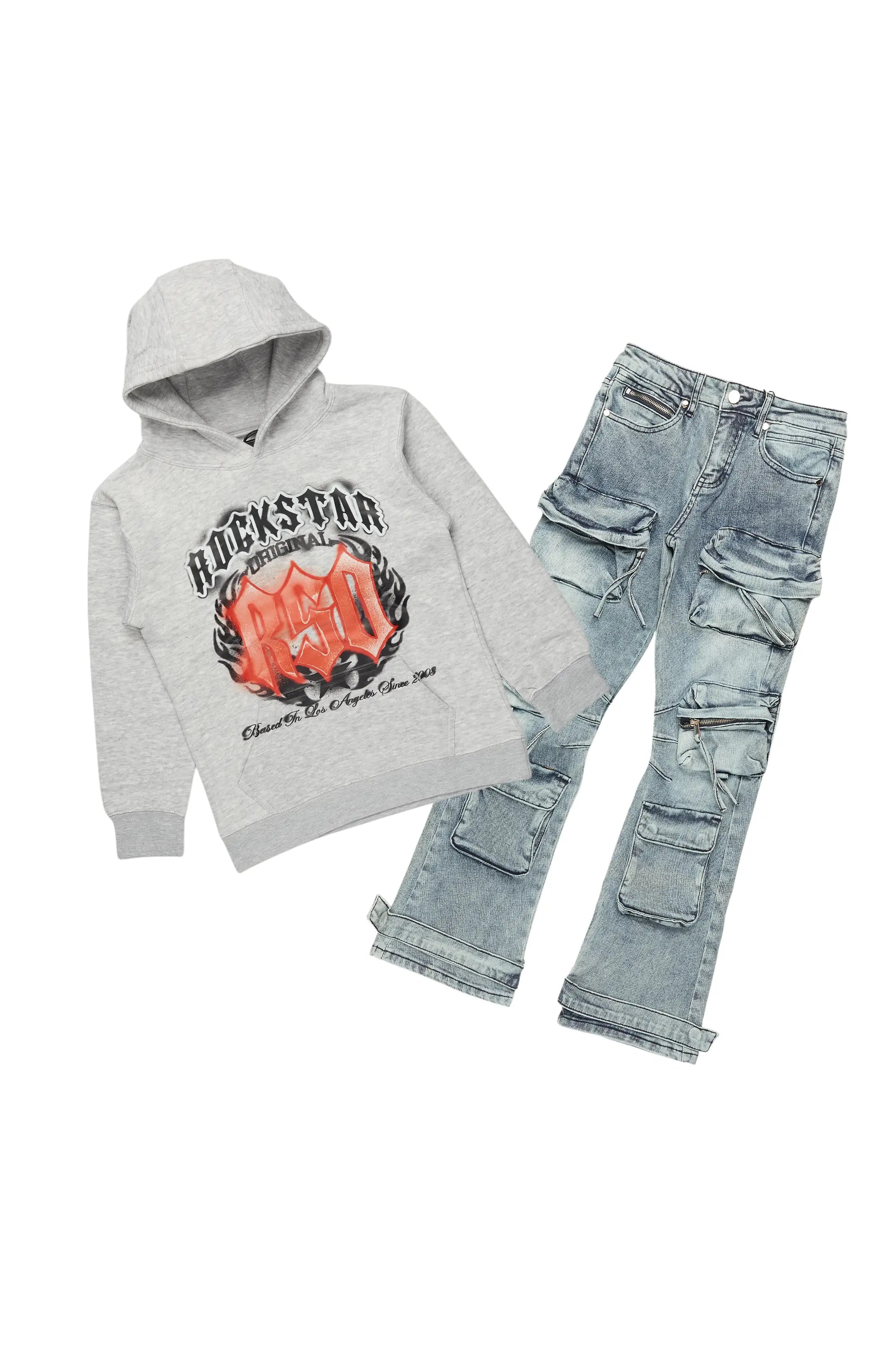 men's warm hoodie jackets -Boys Boaz Heather Grey Hoodie/Stacked Flare Jean Set