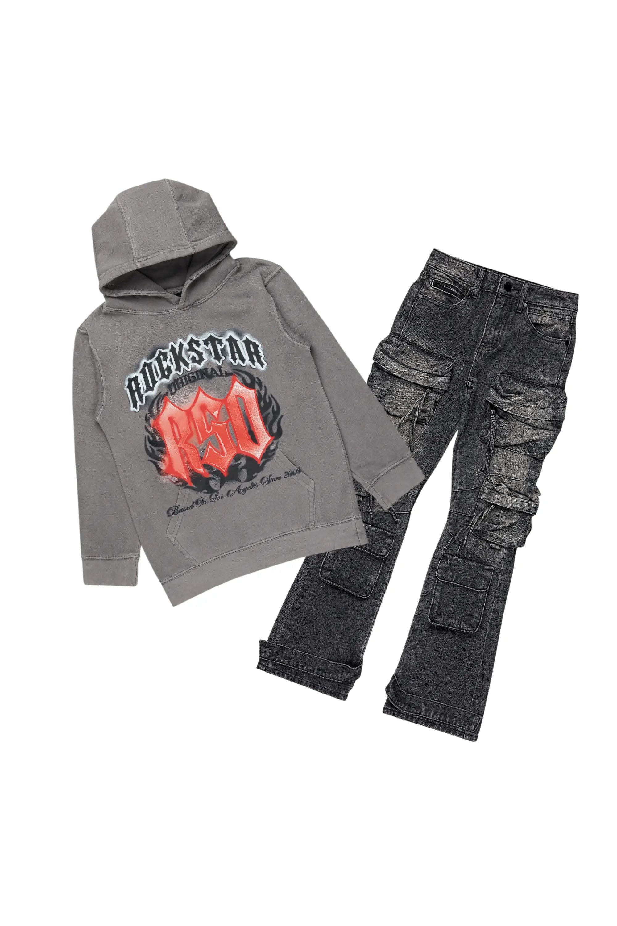 men's workout sweatshirts -Boys Boaz Vintage Grey Hoodie/Stacked Flare Jean Set