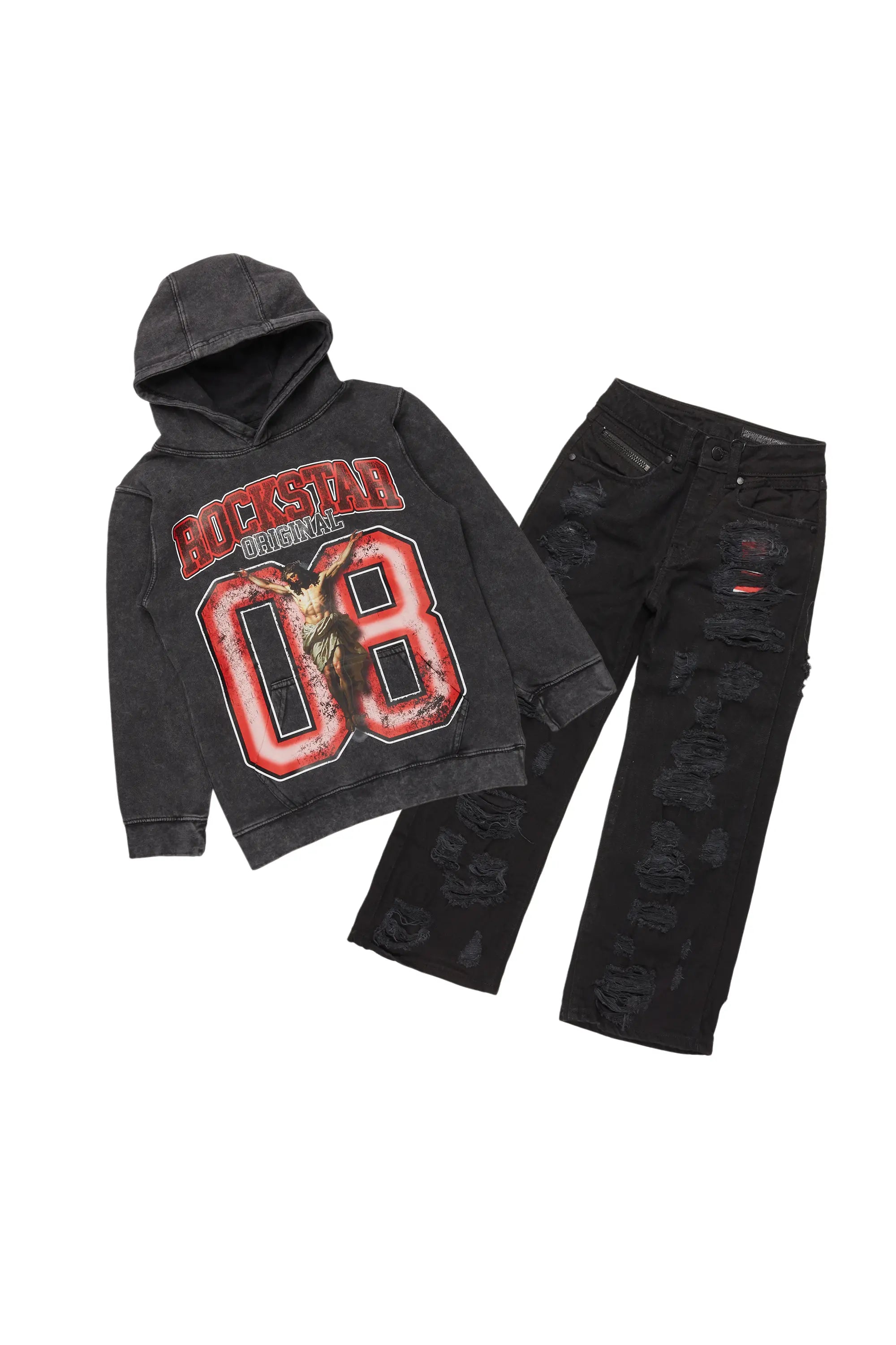 men's hoodie for daily wear -Boys Fields Vintage Black/Red Hoodie/Baggy Fit Jean Set