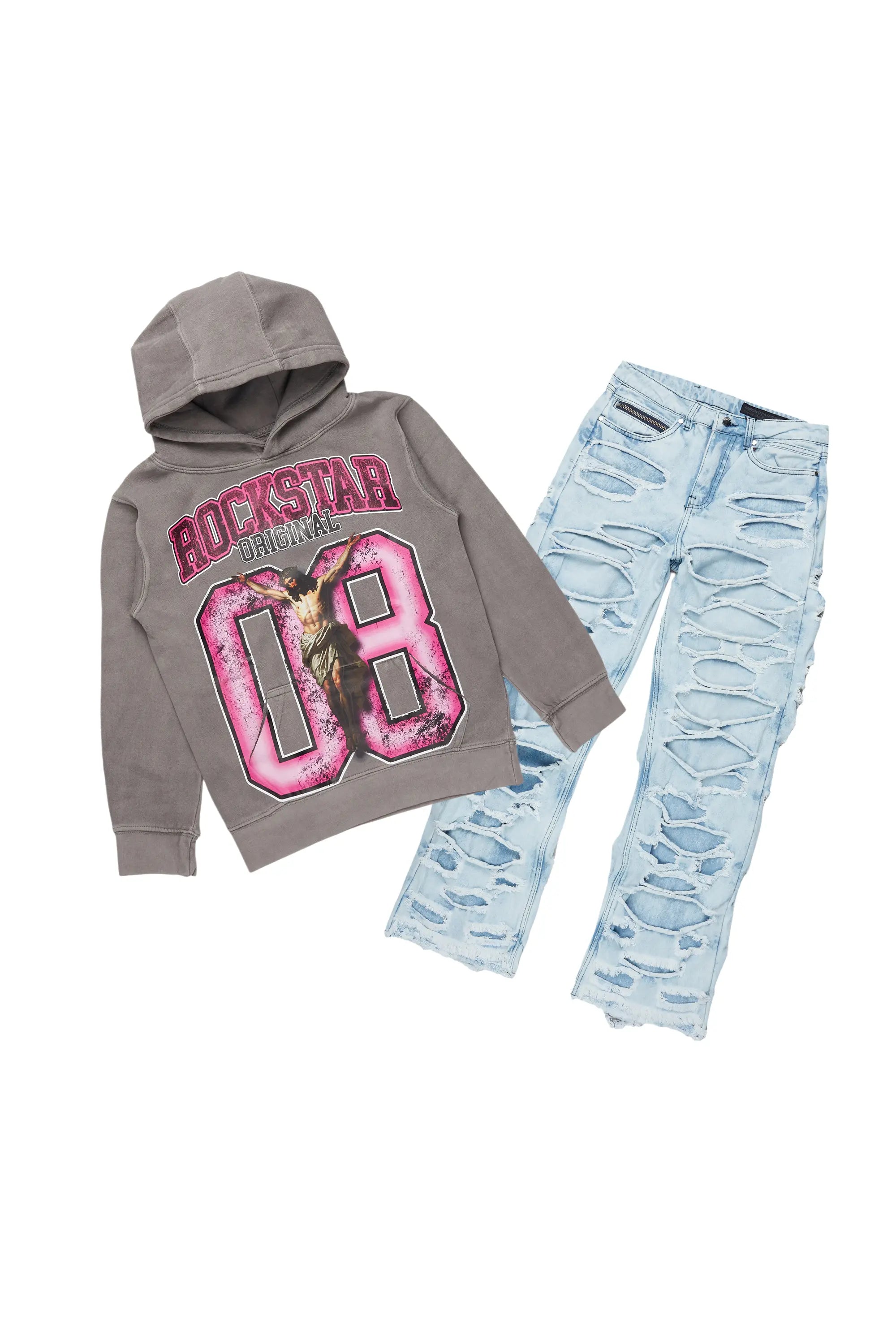 men's hoodie with designs -Boys Fields Vintage Grey/Pink Hoodie/Baggy Fit Jean Set