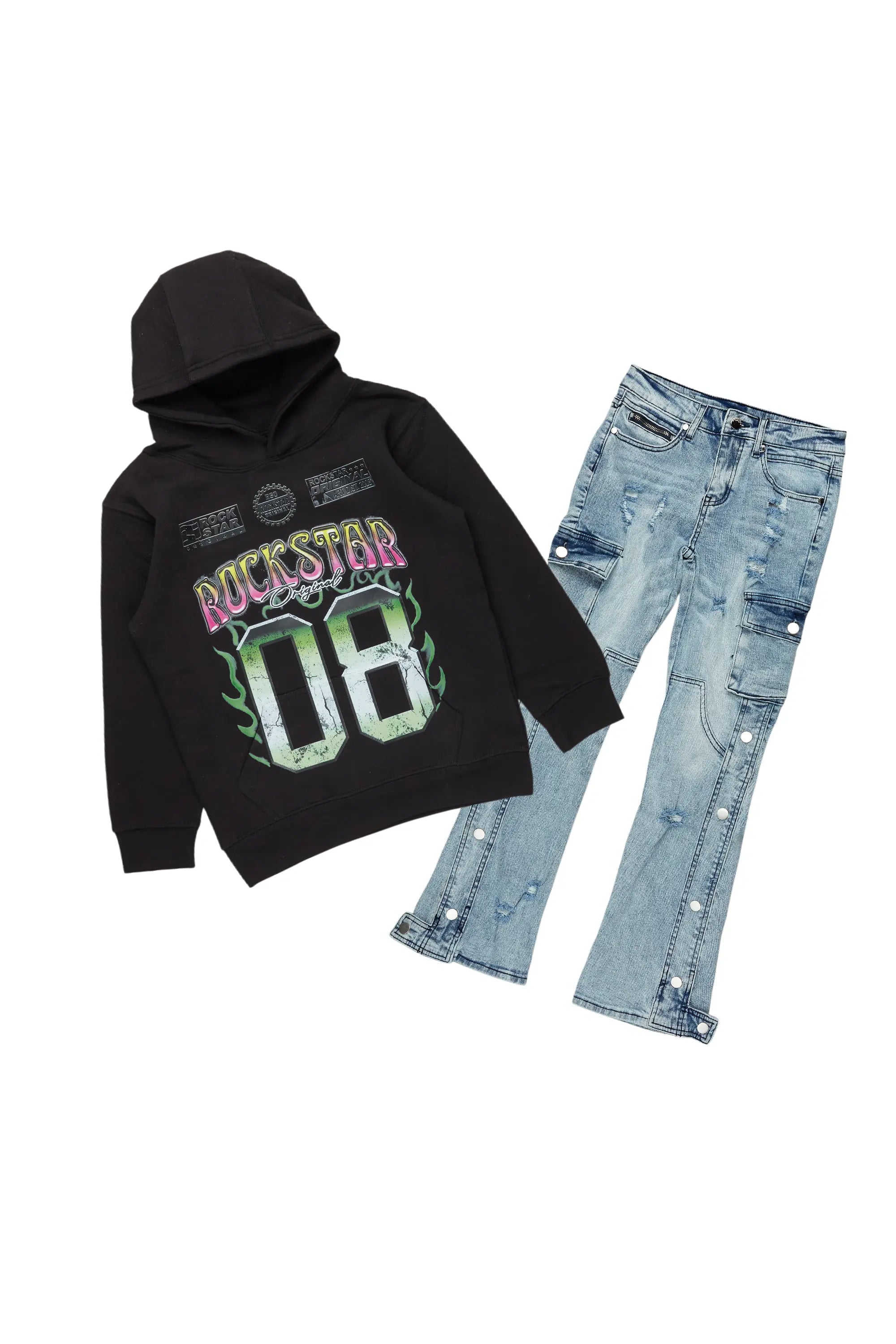 men's hoodie sweatshirt with graphics -Boys Quito Black/Blue Hoodie/Stacked Flare Jean Set