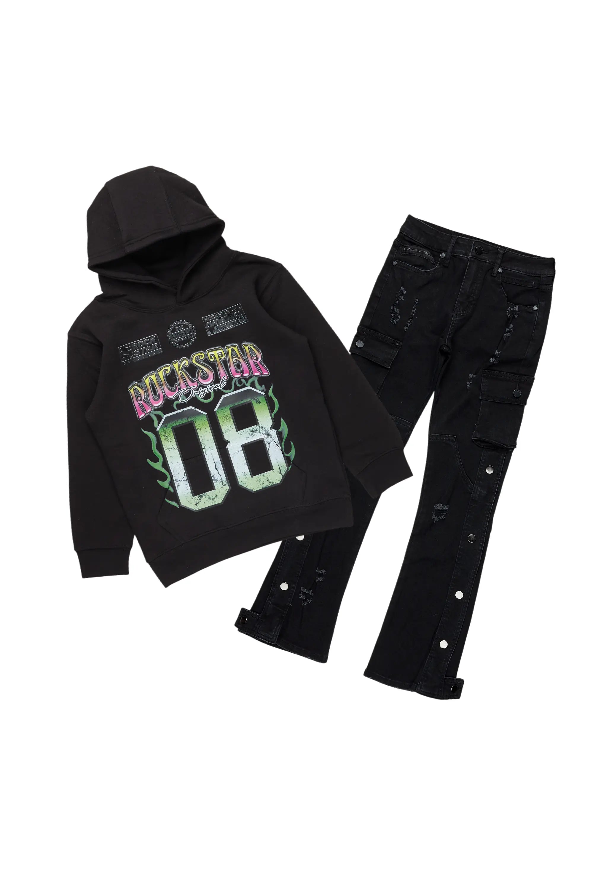 men's casual zip-up hoodies -Boys Quito Black Hoodie/Stacked Flare Jean Set