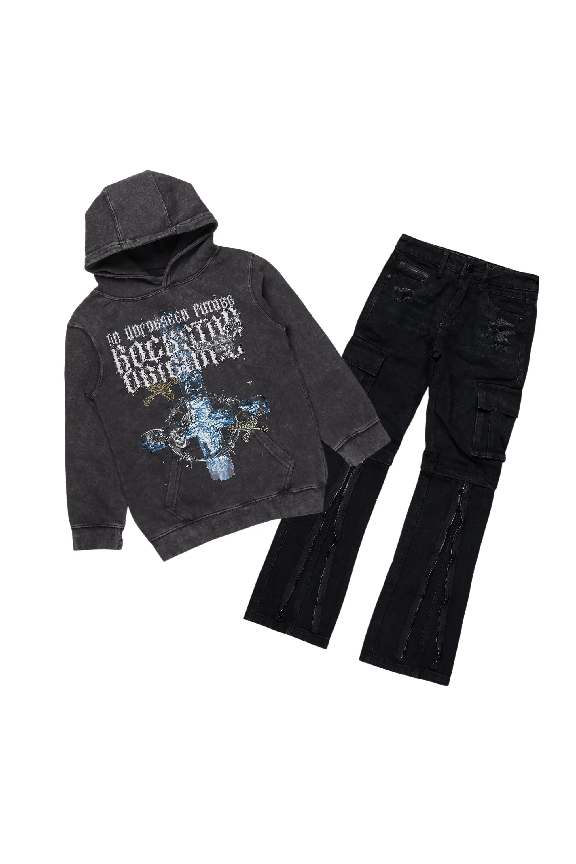 men's cozy fleece sweatshirts -Boys Hagan Vintage Black Hoodie/Stacked Flare Jean Set