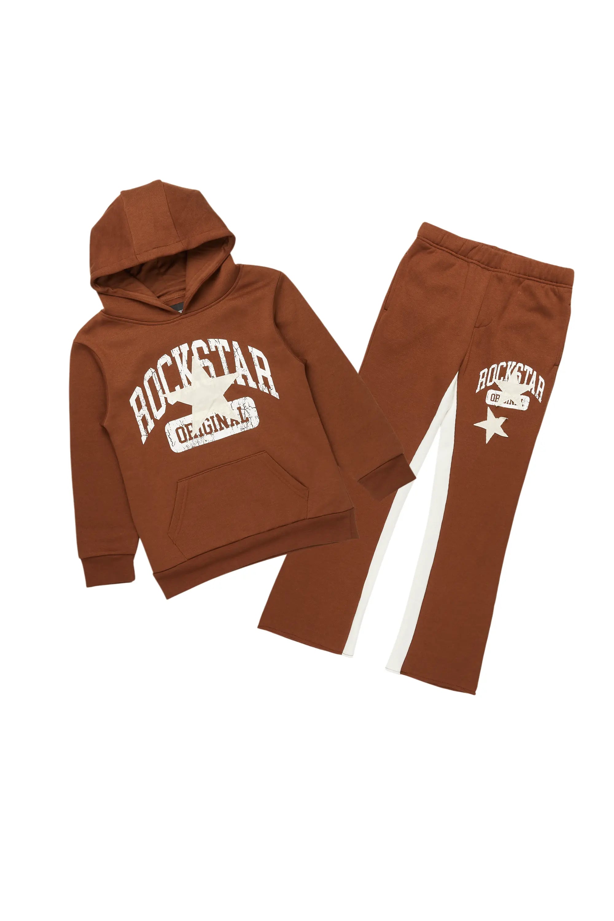 men's eco-friendly hoodies -Boys Mallor Brown Baggy Stacked Hoodie Track Set