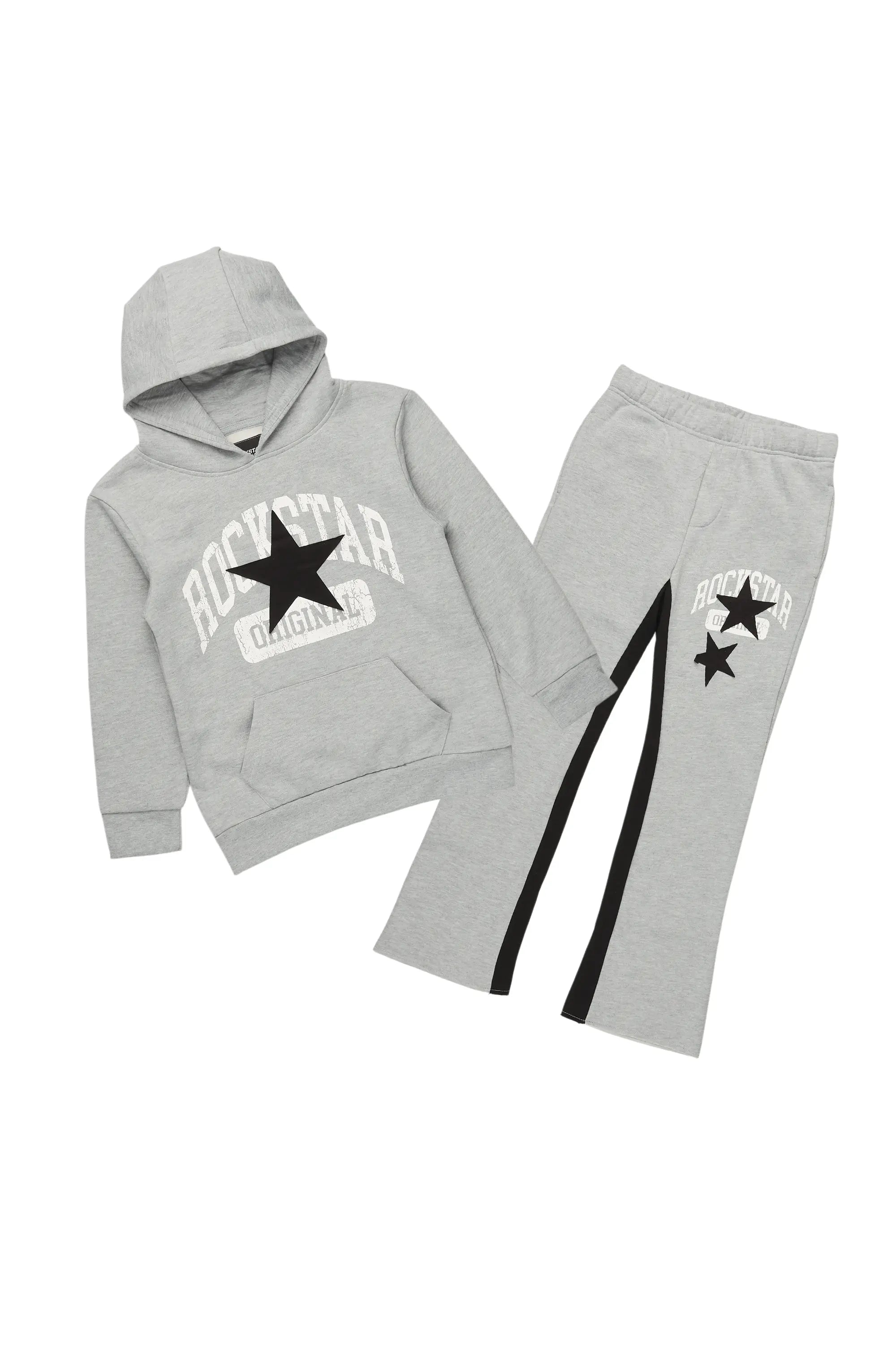 men's fleece hoodie jacket -Boys Mallor Heather Grey Baggy Stacked Hoodie Track Set