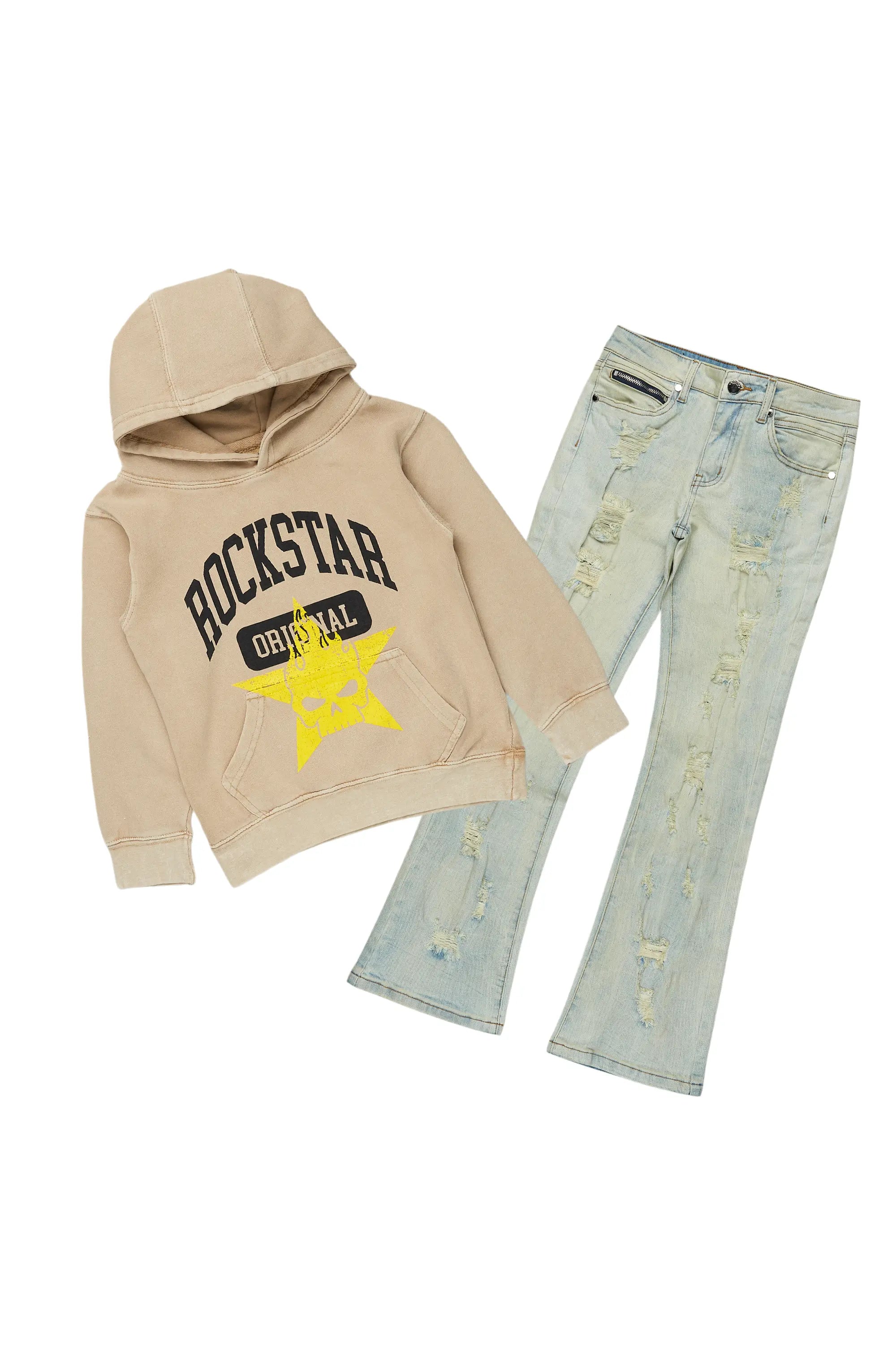 men's printed fleece sweatshirts -Girls Jilie Vintage Beige Hoodie/Stacked Flare Jean Set