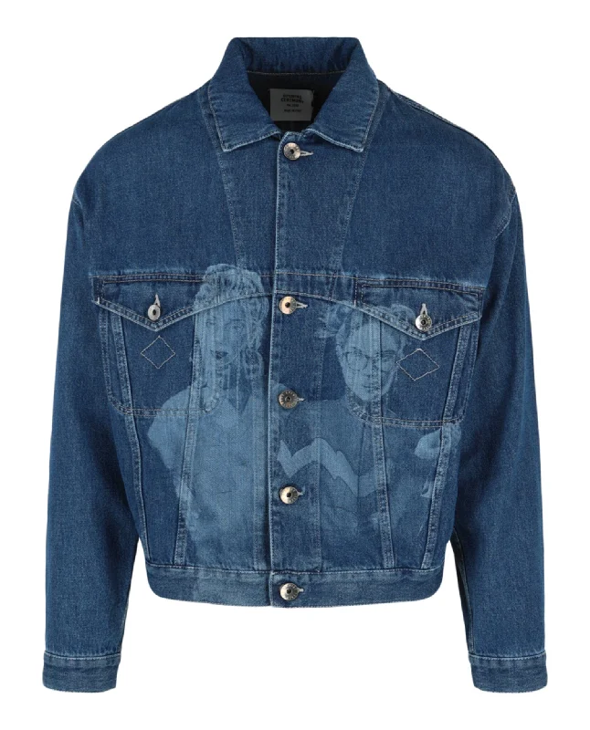 men's bomber jacket with patches -School Girls Graphic Print Denim Jacket